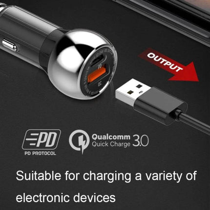 Car USB-C Charger For Phones And Tablets In-Car Use - aluminum alloy car charger with PD Type-C and QC 3.0 ports, anti-slip reinforced clips for secure charging