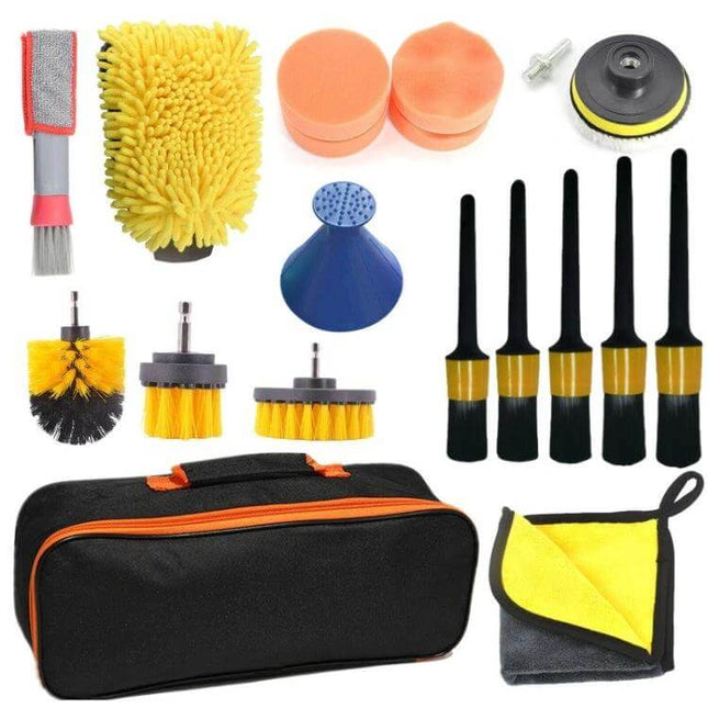 19-Piece Car Cleaning Brush and Glove Tool Set with Rings showing brushes, sponge pads, microfiber cloth, carry bag and drill brush attachments