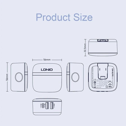 LDNIO Charger for Daily Home Device Charging Essentials compact multiport charger dimensions diagram showing 56mm x 55mm x 32.5mm