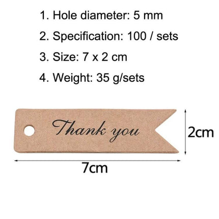 Thank You Swallow Tail Gift Tags, 100 Pcs, Cowhide showing 7x2cm tag with 5mm hole and printed "Thank you" rustic finish