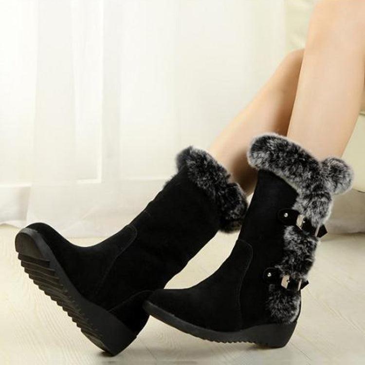 Faux Rabbit Fur Women’s Mid-Calf Winter Boots with Thick Rubber Sole