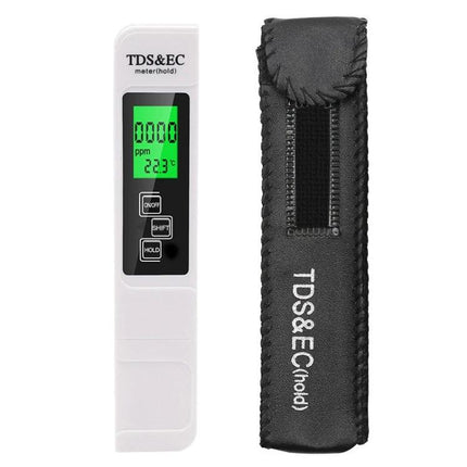 Easy-to-Use TDS and EC Water Quality Test Pen with Backlight showing green backlit LCD, buttons and protective black carrying pouch