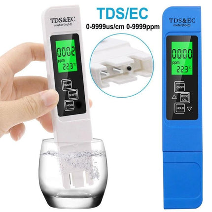 Easy-to-Use TDS and EC Water Quality Test Pen with Backlight showing LCD display testing water in a glass