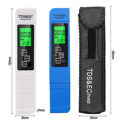 Easy-to-Use TDS and EC Water Quality Test Pen with Backlight showing LCD display, buttons and protective case, ideal for home and travel water testing