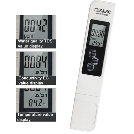 Easy-to-Use TDS and EC Water Quality Test Pen with Backlight showing LCD TDS, EC and temperature readings