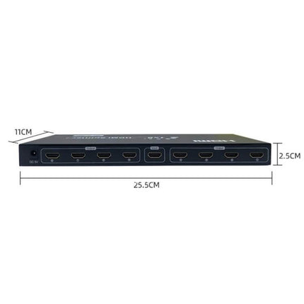 FJGEAR 8-Port HDMI Splitter for High-Definition Displays showing front HDMI output ports and dimensions