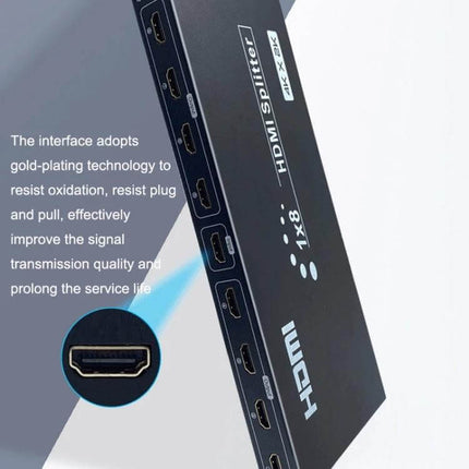 FJGEAR 8-Port HDMI Splitter for High-Definition Displays showing eight gold-plated HDMI outputs and 4K support