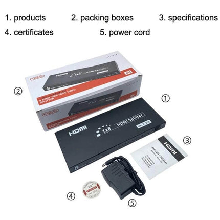 FJGEAR 8-Port HDMI Splitter for High-Definition Displays - product with box, power cord, manual and accessories