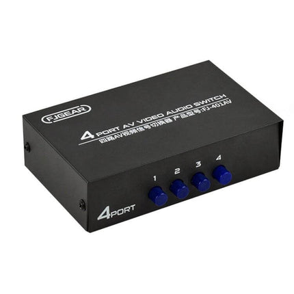 FJGEAR 4-Way AV Audio and Video Switcher for Home Use - black 4-port AV switch with four blue buttons for gaming consoles and DVD players