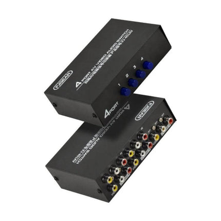 FJGEAR 4-Way AV Audio and Video Switcher for Home Use black 4-port RCA selector with blue buttons and multiple AV inputs