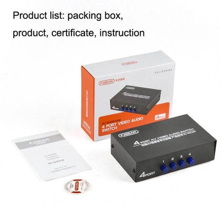 FJGEAR 4-Way AV Audio and Video Switcher for Home Use compact 4-port unit with manual, packing box and cables