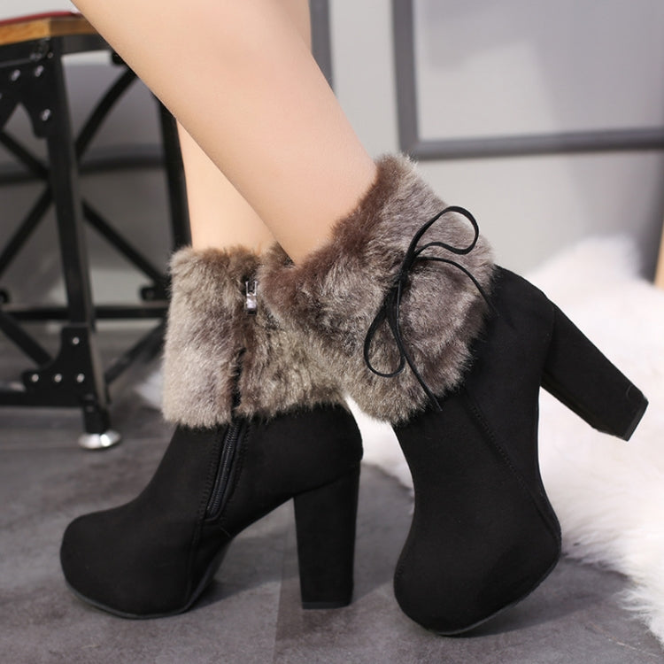 Autumn And Winter Thick High Heeled Padded Warm Suede Round Toe Boots, 42