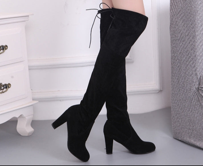 Women's Frosted Leather Over-the-Knee Boots with Thick Heels - Sizes 42 & 43