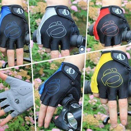 YIZIMI Anti Shock Half Finger Cycling Gloves Silicone Palm on handlebars showing silicone-grip palm and three anti-shock modules, multi-color options