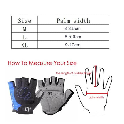YIZIMI Anti Shock Half Finger Cycling Gloves Silicone Palm size chart and measuring guide showing palm width for M L XL and how to measure