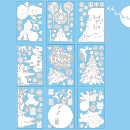 Christmas Window Cling Set With Santa, Snowman And Penguins - reusable eco-friendly PVC holiday window decals showing Santa, snowman, penguins and snowflakes