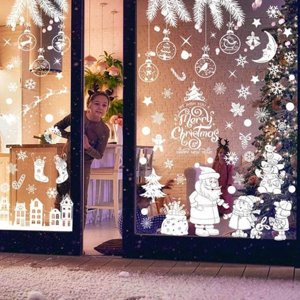 Christmas Window Cling Set With Santa, Snowman And Penguins — eco-friendly reusable PVC electrostatic holiday window decals for home, shop, or car (child peeking)