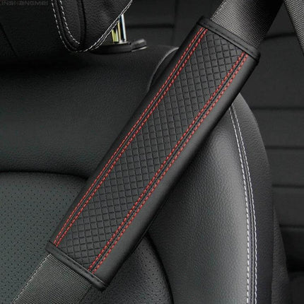 Fiber Leather Embossed Car Seat Belt Shoulder Cover 23x6.5 cm - black quilted PU leather with red stitching for added comfort