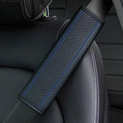 Fiber Leather Embossed Car Seat Belt Shoulder Cover 23x6.5 cm black PU leather with blue stitching, quilted sponge padding for comfort