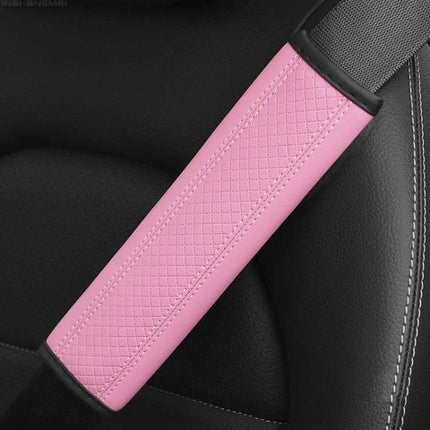 Fiber Leather Embossed Car Seat Belt Shoulder Cover 23x6.5 cm in pink PU leather with sponge interior, reduces shoulder pressure and stays in place