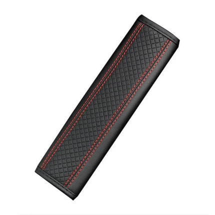 Alt Tag: Fiber Leather Embossed Car Seat Belt Shoulder Cover 23x6.5 cm black PU leather with red stitching, quilted sponge padding for driving comfort