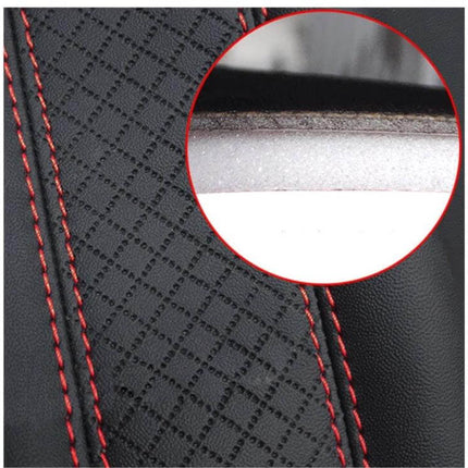 Fiber Leather Embossed Car Seat Belt Shoulder Cover 23x6.5 cm close-up of black PU leather with red stitching and foam interior showing embossed pattern