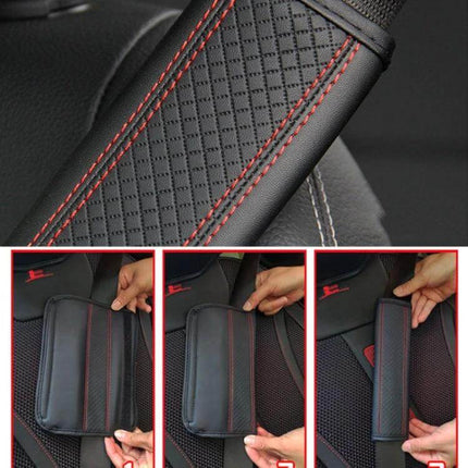 Fiber Leather Embossed Car Seat Belt Shoulder Cover 23x6.5 cm - black PU leather with red stitching, sponge padding for comfort and non-slip fit