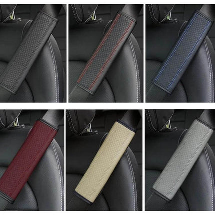 Fiber Leather Embossed Car Seat Belt Shoulder Cover 23x6.5 cm - six color options on car seat showcasing quilted PU leather and sponge padding for comfort