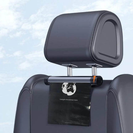 Car Mounted Trash Bag Holder And Organiser, Titanium Grey attached to headrest with waterproof roll bag and metal roller
