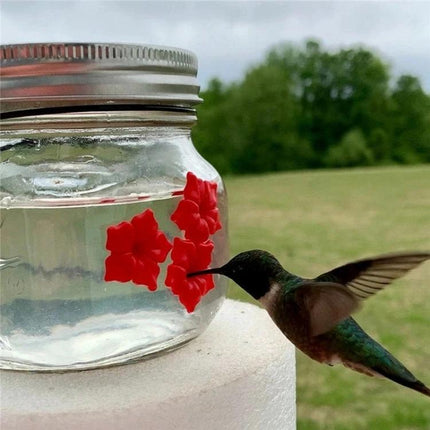 Outdoor Hanging Feeder for Hummingbirds in Your Backyard - clear plastic hanging feeder with red flower ports and a hovering hummingbird