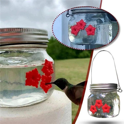 Outdoor Hanging Feeder for Hummingbirds in Your Backyard glass jar feeder with red flower ports and hummingbird feeding