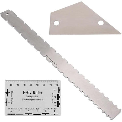Tool for Maintaining Bass Guitar Neck Alignment at Home - stainless steel ruler and fret rocker for checking neck straightness and string height