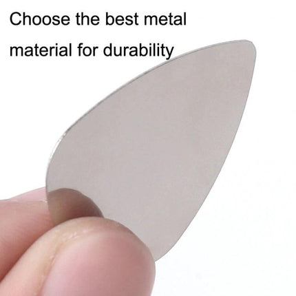 Stainless Steel Guitar Picks for Everyday Music Practice Sessions showing a close-up of a finger holding a durable metal guitar pick