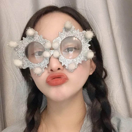 Christmas Hair Clip Personalized Holiday Accessory on young woman wearing silver glitter pom-pom festive glasses and braids, plastic injection-molded clip