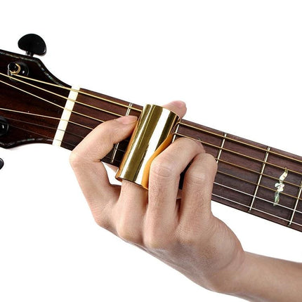 Durable Stainless Steel Guitar Slides for Daily Music Practice on acoustic guitar showing hand using brass slide for blues phrasing
