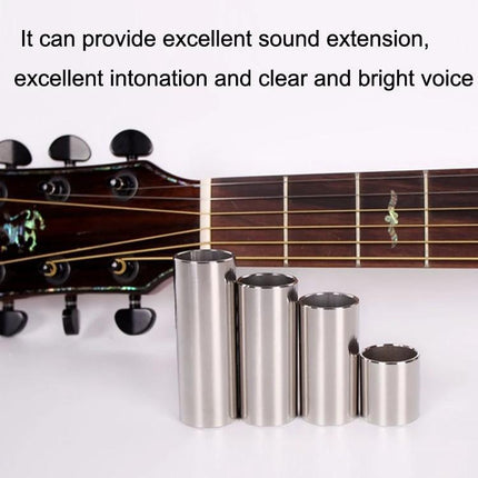 Durable Stainless Steel Guitar Slides for Daily Music Practice — five sizes shown with acoustic guitar neck for smooth notes and precise intonation