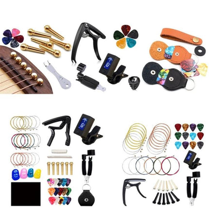 Guitar Tuning Clip Set for Daily Music Sessions at Home showing tuners, capo, picks, strings and accessories