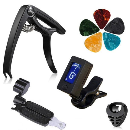 Guitar Tuning Clip Set for Daily Music Sessions at Home - black capo, digital clip-on tuner, picks and string winder