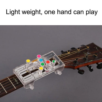 Compact Chord Aid for Home Guitar Practice and Learning compact clear plastic chord trainer clipped to acoustic guitar neck for beginners