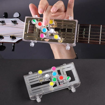 Compact Chord Aid for Home Guitar Practice and Learning showing beginner using colorful button markers to practice chord fingering on guitar neck
