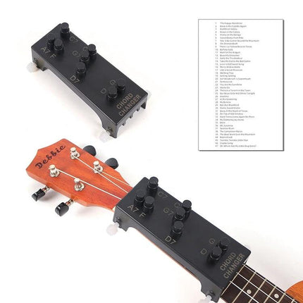 Compact Chord Aid for Home Guitar Practice and Learning - black chord trainer clipped on ukulele headstock for beginner chord practice