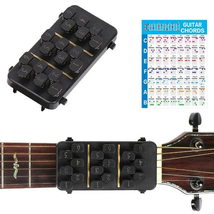 Compact Chord Aid for Home Guitar Practice and Learning - black beginner chord trainer attached to guitar neck with chord chart