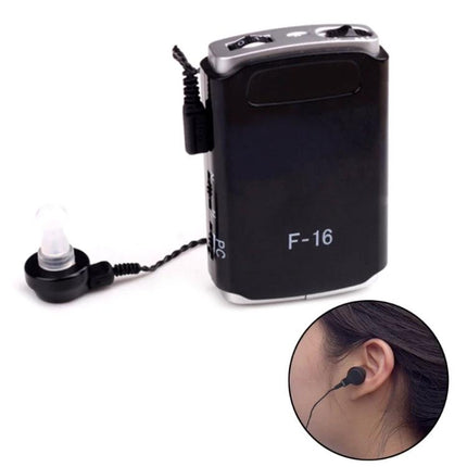 Portable Mini Hearing Aid for Everyday Sound Assistance black F-16 device with earbud shown in use