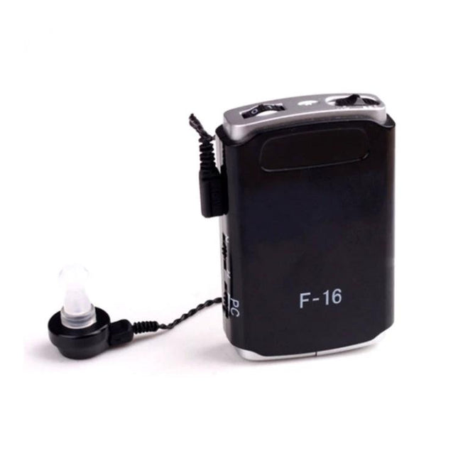 Portable Mini Hearing Aid for Everyday Sound Assistance - black compact F-16 unit with earbud