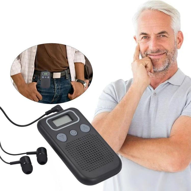 Comfortable In-Ear Hearing Aid for Everyday Sound Assistance - compact in-ear amplifier with earbuds and belt clip worn by smiling older man