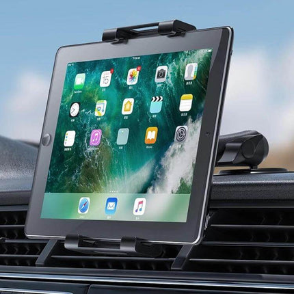 Car Dashboard Phone Clip Folding Holder Suction Cup mounted on car vent holding tablet with 360° rotation and sponge pad protection
