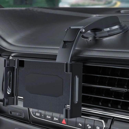Car Dashboard Phone Clip Folding Holder Suction Cup mounted on dashboard with adjustable arm, 360° rotation, sponge pad and pre-positioned charging port