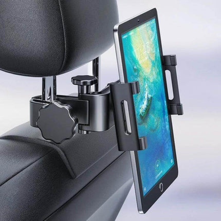 Car Dashboard Phone Clip Folding Holder Suction Cup mounted on car headrest holding a tablet with adjustable arm and scratch‑protecting sponge pad