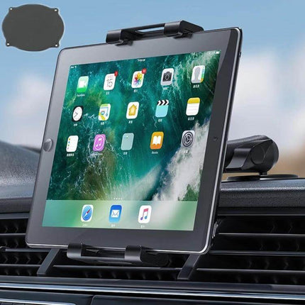Car Dashboard Phone Clip Folding Holder Suction Cup mounted on car vent holding a tablet with 360° rotation and 270° tilt, sponge pad protected