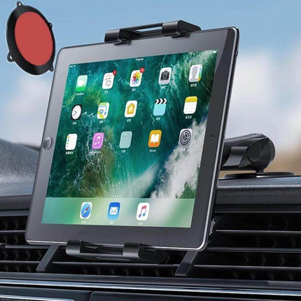 Car Dashboard Phone Clip Folding Holder Suction Cup mounted on car vent holding a tablet, 360° rotation, sponge pad protection, adjustable charging access